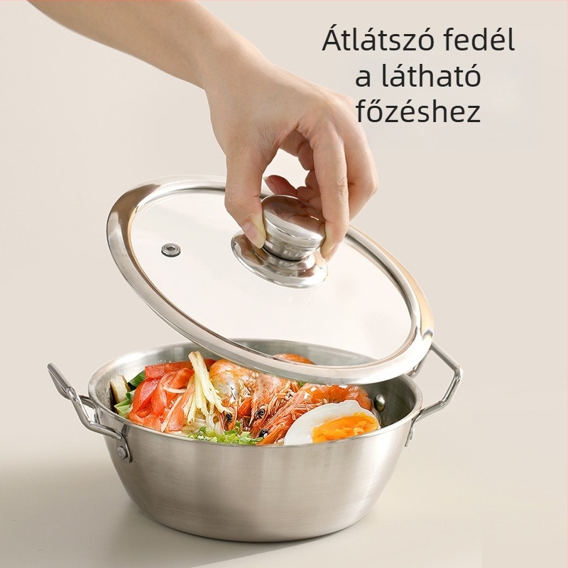 FaSoLa Rozsdamentes acél tál leveshez kettős füllel, kefés felület, fő test 304, fül 201, mikrohullámú sütőben használható