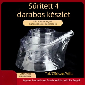 Egyszer használható étkészlet — négy darabos készlet: tálak, tányérok, poharak és kanálok; anyag: élelmiszer-minőségű műanyag; nem biológiailag lebomló