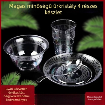 Egyszer használható étkészlet — négy darabos készlet: tálak, tányérok, poharak és kanálok; anyag: élelmiszer-minőségű műanyag; nem biológiailag lebomló