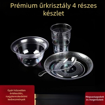 Egyszer használható étkészlet — négy darabos készlet: tálak, tányérok, poharak és kanálok; anyag: élelmiszer-minőségű műanyag; nem biológiailag lebomló