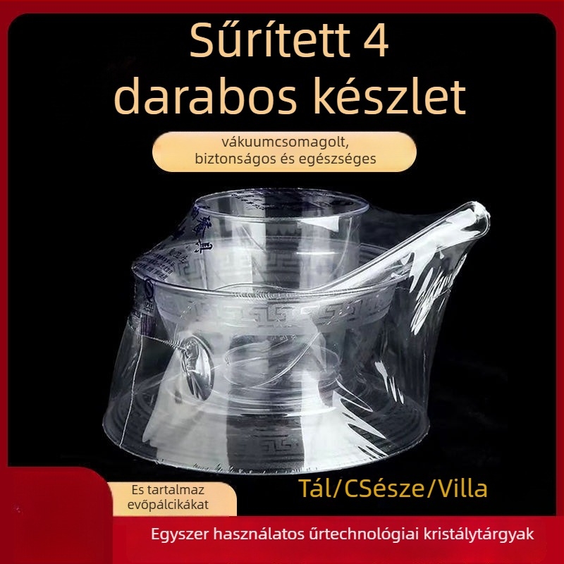 Egyszer használható étkészlet — négy darabos készlet: tálak, tányérok, poharak és kanálok; anyag: élelmiszer-minőségű műanyag; nem biológiailag lebomló