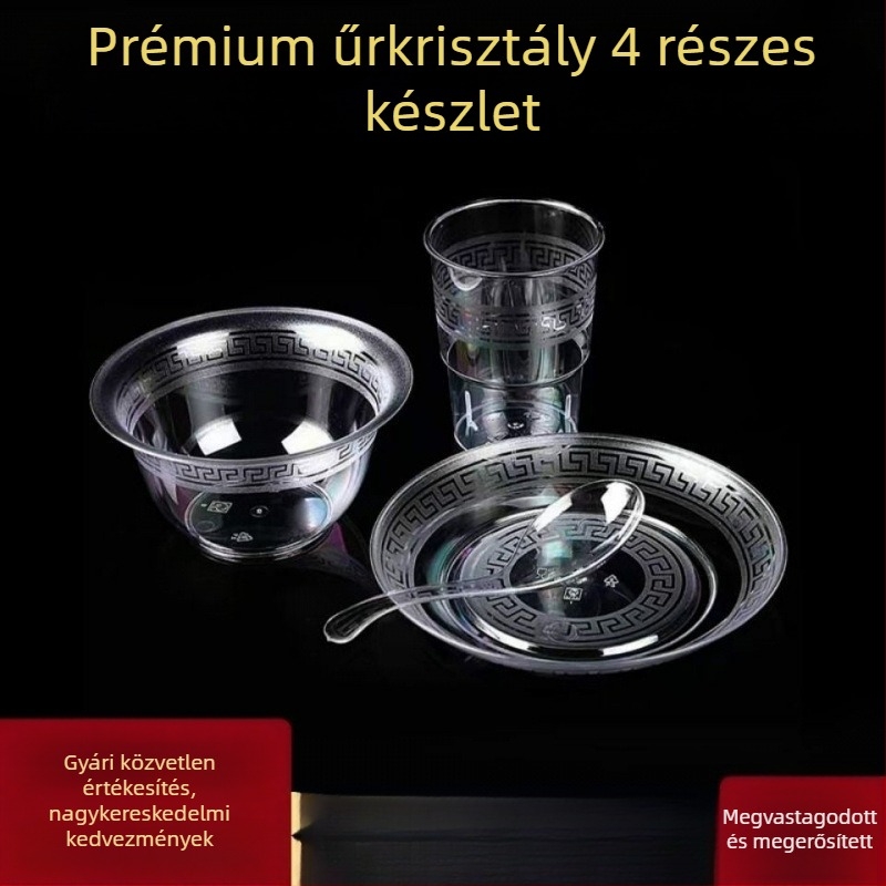 Egyszer használható étkészlet — négy darabos készlet: tálak, tányérok, poharak és kanálok; anyag: élelmiszer-minőségű műanyag; nem biológiailag lebomló