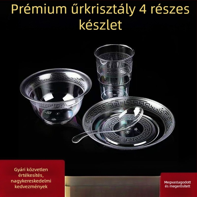 Egyszer használható étkészlet — négy darabos készlet: tálak, tányérok, poharak és kanálok; anyag: élelmiszer-minőségű műanyag; nem biológiailag lebomló