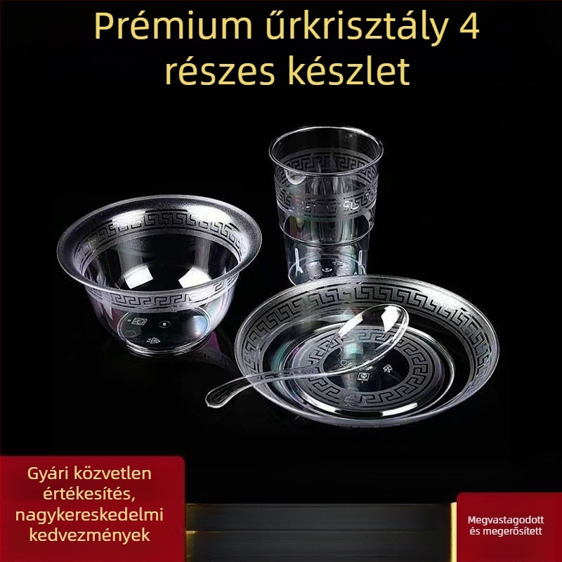 Egyszer használható étkészlet — négy darabos készlet: tálak, tányérok, poharak és kanálok; anyag: élelmiszer-minőségű műanyag; nem biológiailag lebomló