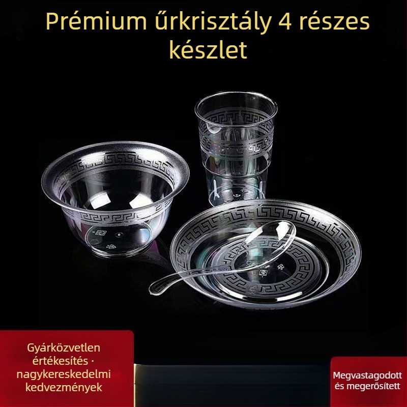 Egyszer használható étkészlet — négy darabos készlet: tálak, tányérok, poharak és kanálok; anyag: élelmiszer-minőségű műanyag; nem biológiailag lebomló