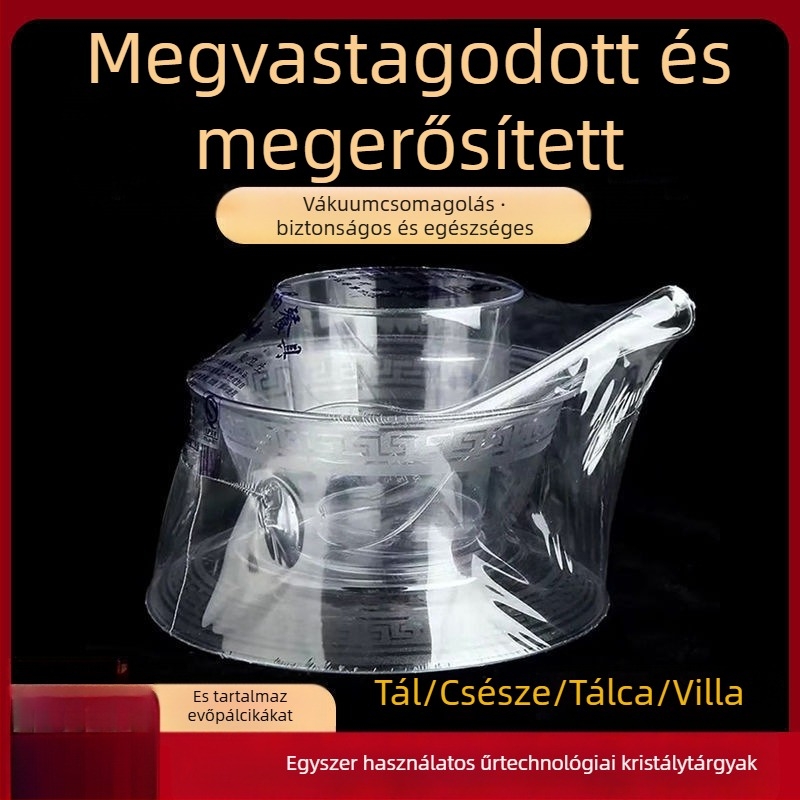Egyszer használható étkészlet — négy darabos készlet: tálak, tányérok, poharak és kanálok; anyag: élelmiszer-minőségű műanyag; nem biológiailag lebomló
