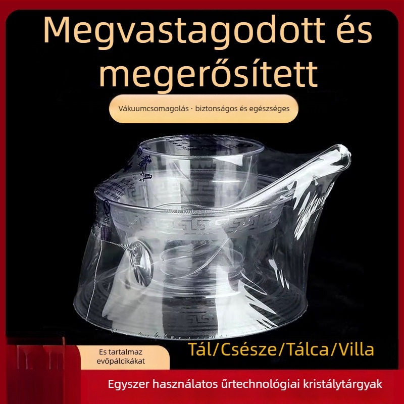 Egyszer használható étkészlet — négy darabos készlet: tálak, tányérok, poharak és kanálok; anyag: élelmiszer-minőségű műanyag; nem biológiailag lebomló