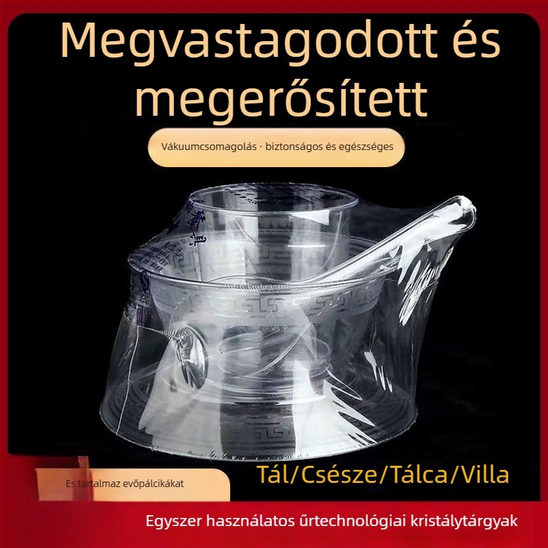 Egyszer használható étkészlet — négy darabos készlet: tálak, tányérok, poharak és kanálok; anyag: élelmiszer-minőségű műanyag; nem biológiailag lebomló