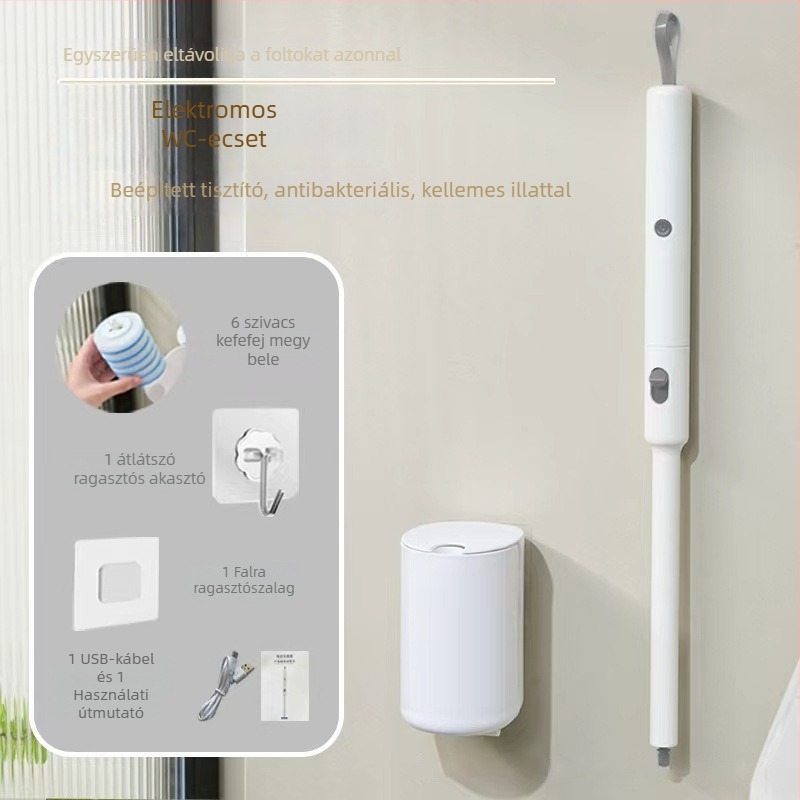 Fali tartóval szerelt elektromos vécé-kefe eldobható fejjel és tárolóállvánnyal | Daily hundred | Műanyag