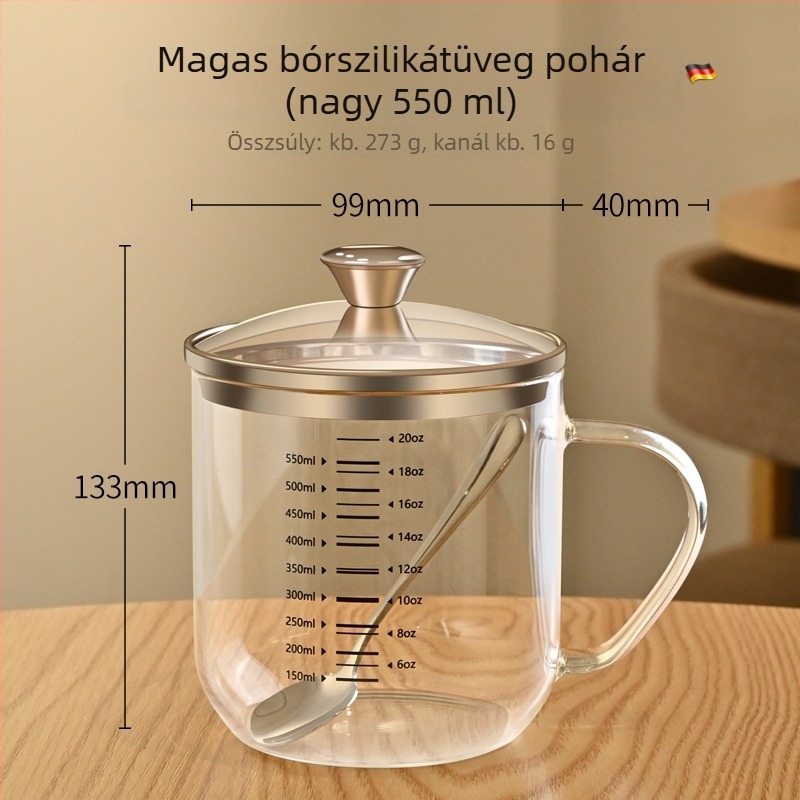 Irodai boroszilikát üvegpohár fokozatos mérőskálával, fogantyúval és kanállal, hőálló