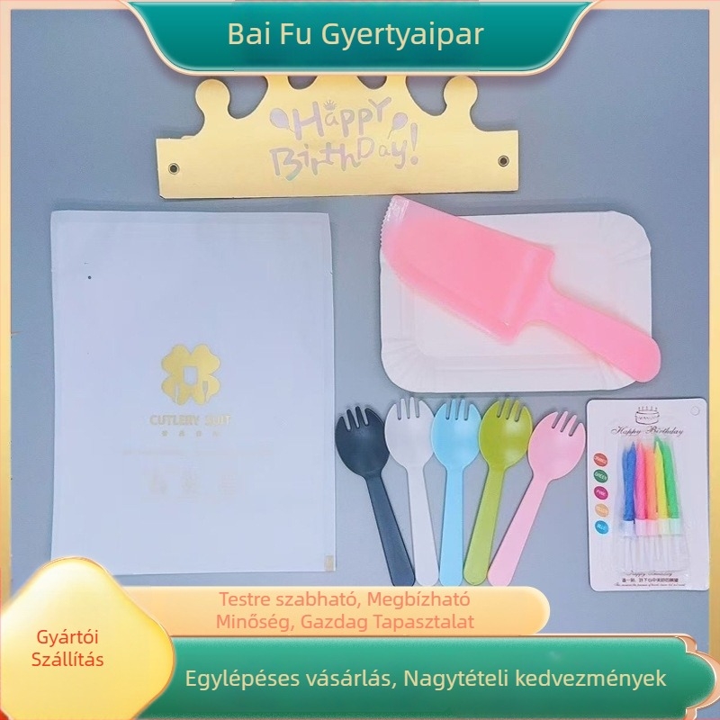 Egyszer használatos műanyag sütő- és asztalterítő készlet születésnapokra — négyszögletes tálak, kések és villák, négy az egyben tortadíszítő készlet, logó nyomtatás és testreszabás elérhető