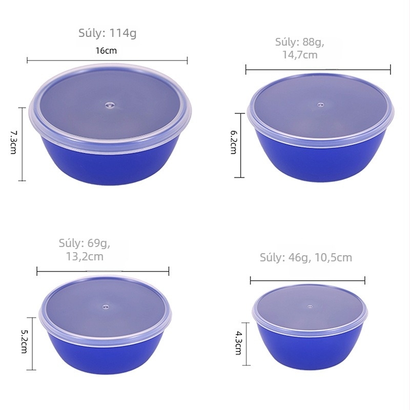 Kerek műanyag élelmiszer-tároló edények készlet zárható fedőkkel, 301–500 ml, hűtő- és fagyasztóbarát