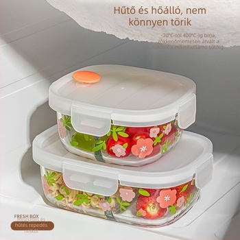 Üvegből készült élelmiszer-tároló készlet – mikrohullámú sütőben használható, egy- vagy kétszintes kivitel, virágos minta, testreszabható