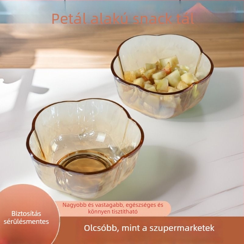Petálos üveg salátás tál, hőálló, szabálytalan forma, japán stílus, egyszínű mintázat