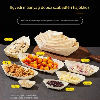 Egyszer használatos fa hajó alakú snack csomagoló doboz – anyag: fa; forma: hajó; eltarthatóság: 2 év; származás: Shandong; lebomló: igen.