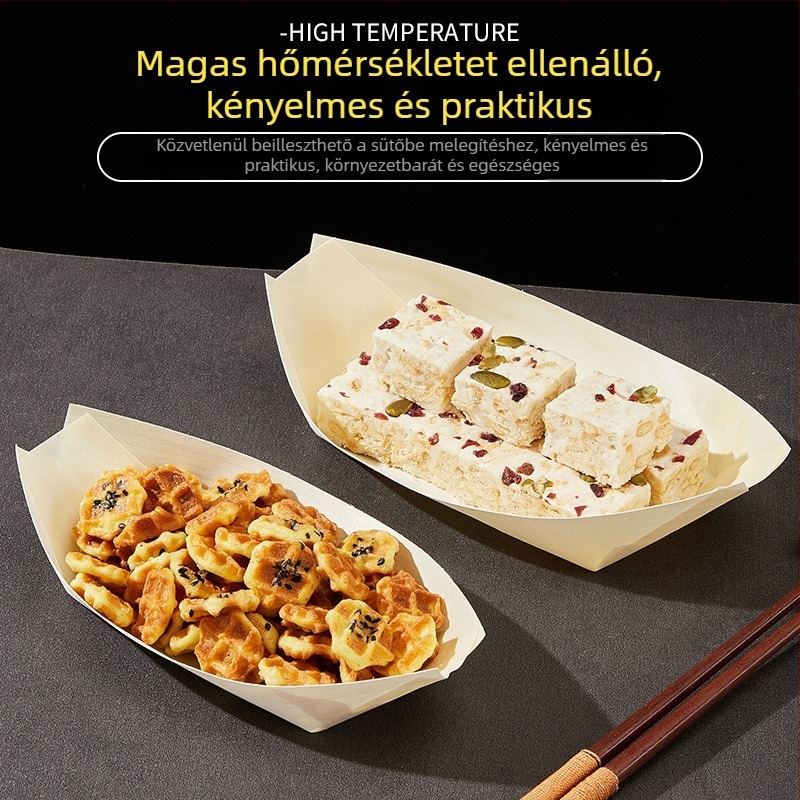 Egyszer használatos fa hajó alakú snack csomagoló doboz – anyag: fa; forma: hajó; eltarthatóság: 2 év; származás: Shandong; lebomló: igen.