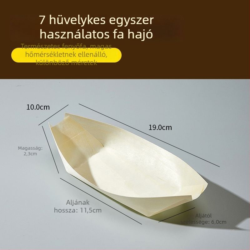 Egyszer használatos fa hajó alakú snack csomagoló doboz – anyag: fa; forma: hajó; eltarthatóság: 2 év; származás: Shandong; lebomló: igen.