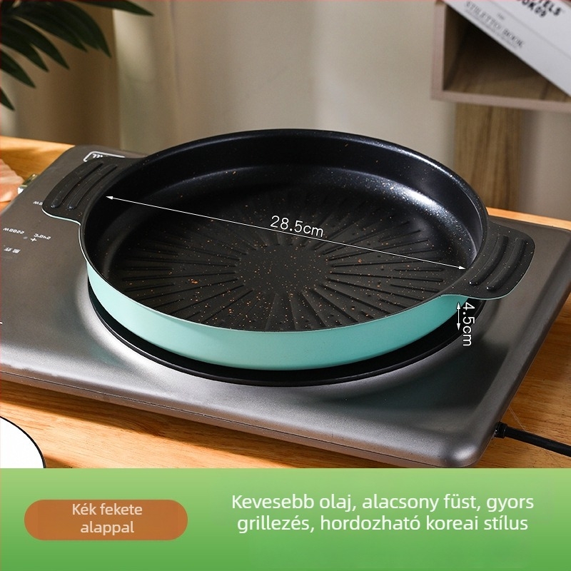 Koreai stílusú kör alakú tapadásmentes grill-serpenyő indukciós tűzhelyhez, vas test, Maifan kő felület, két fogantyú, 885 g