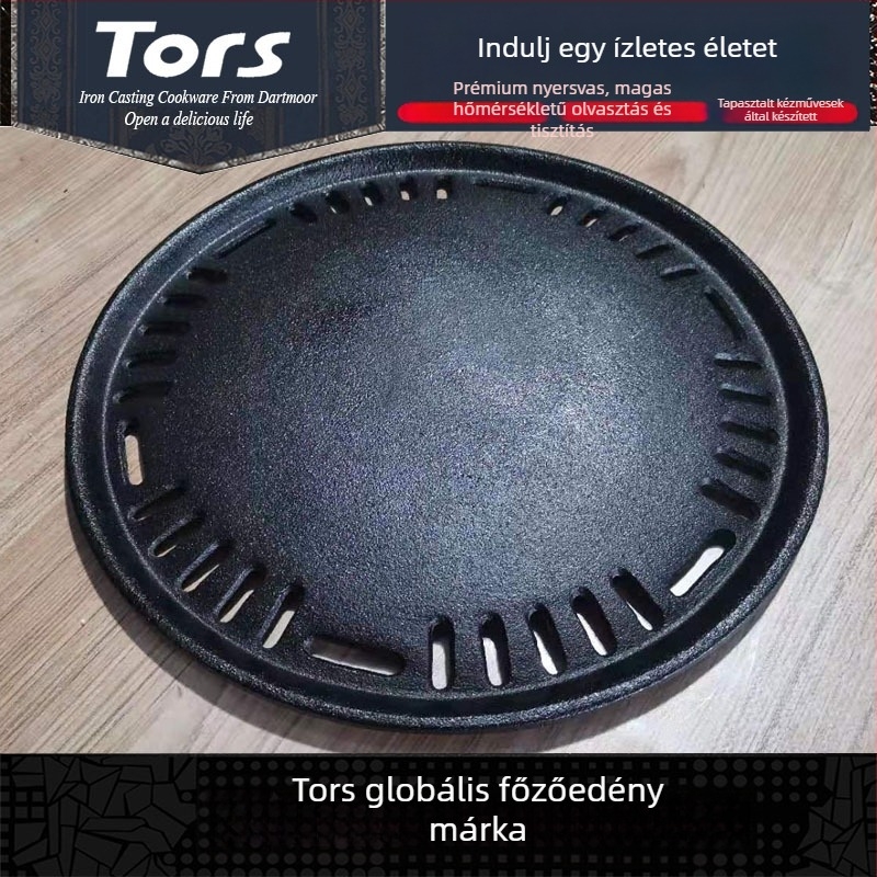 Öntöttvas koreai stílusú bevonat nélküli grillserpenyő, kör, 1.8–2.1 kg