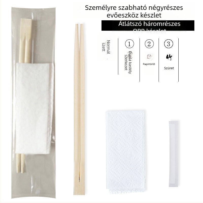 Egyszer használatos bambusz evőpálcikák, négy darabos készlet logóval, testreszabható, vastagság 1.5/2.0/2.5/3.5 mm, 800 darab/doboz