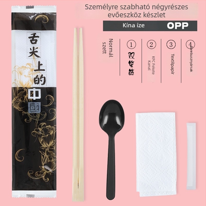 Egyszer használatos bambusz evőpálcikák, négy darabos készlet logóval, testreszabható, vastagság 1.5/2.0/2.5/3.5 mm, 800 darab/doboz