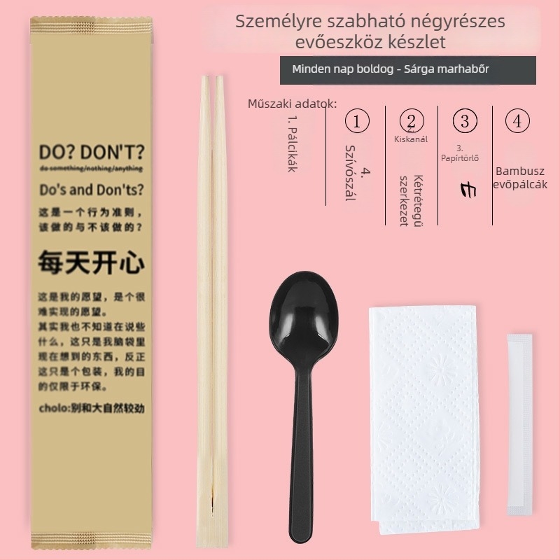 Egyszer használatos bambusz evőpálcikák, négy darabos készlet logóval, testreszabható, vastagság 1.5/2.0/2.5/3.5 mm, 800 darab/doboz