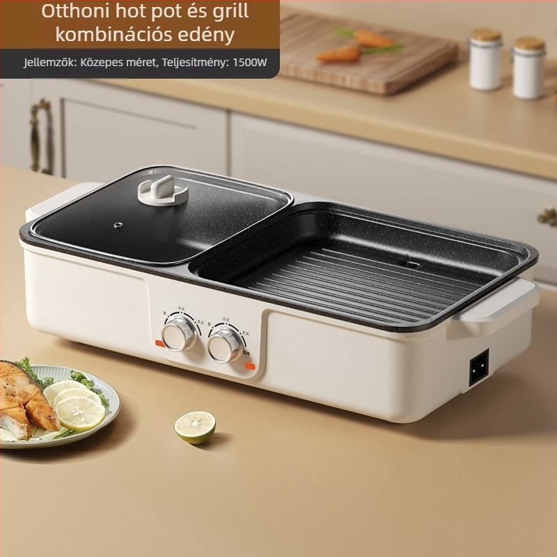 Minden egyben elektromos grill és forró fazék – 1200–1500W, 3–4 L kapacitás, műanyag test, sütés, főzés, párolás.