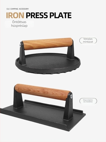 Vasöntvény húspréselő tábla – hordozható grillszerszám 1–2 fő részére, súly 1010 g