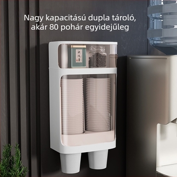 Egyszer használatos pohár tartó tárolóval, falra szerelhető, műanyag, fúrás nélkül, 280 g, modern stílus