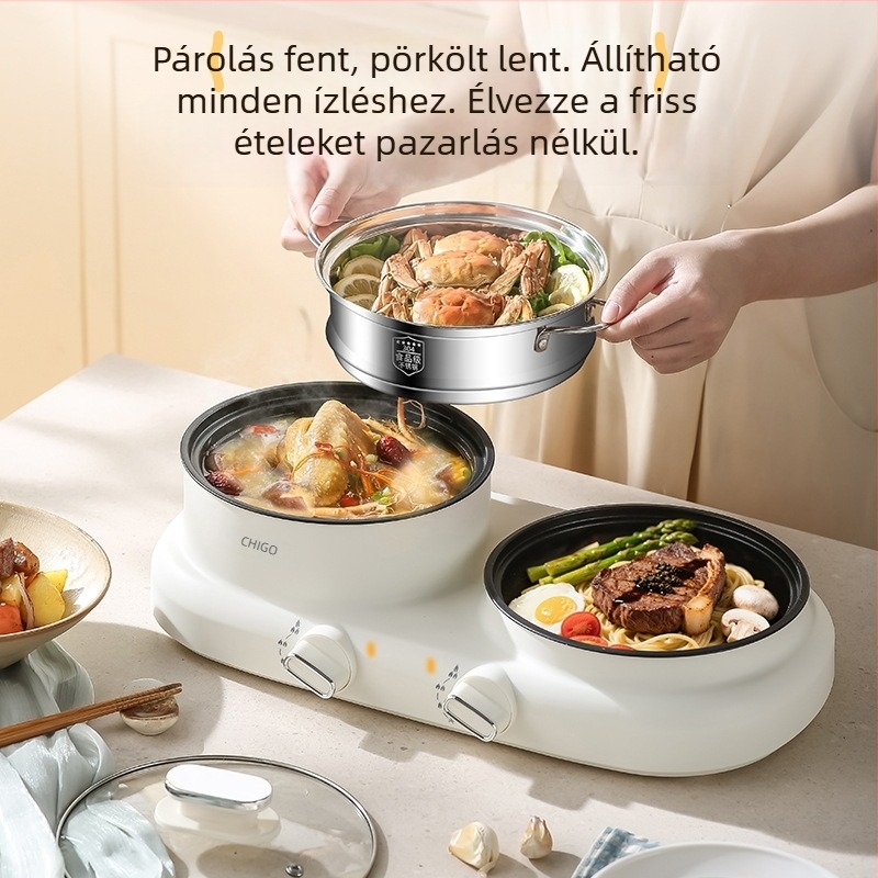 All-in-one shabu-shabu elektromos edény, 1200 W; funkciók: gőzölés, sütés, pirítás, főzés és teppanyaki; shabu-shabu és grill módok; műanyag test; gombos vezérlés; 220V.
