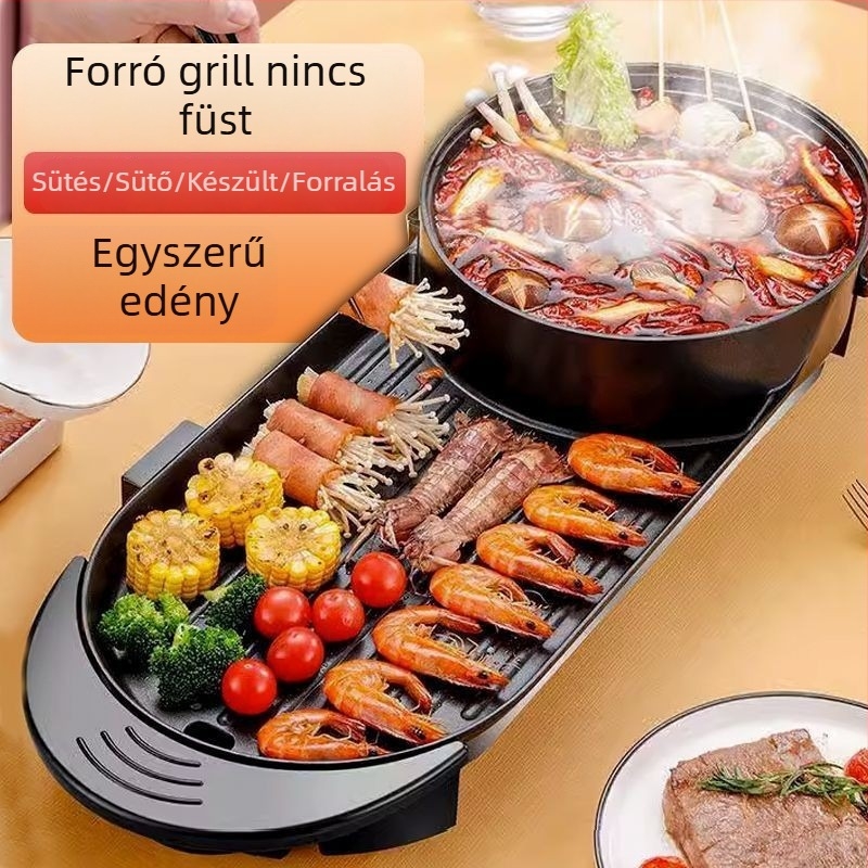 Elektromos grill és forró fazék, 3-4 L, 1200-1500 W, Hőmérséklet-szabályozás, Sütés/Főzés/Hot Pot funkciók, Belső edény mélysége 7 cm, 3-4 főre