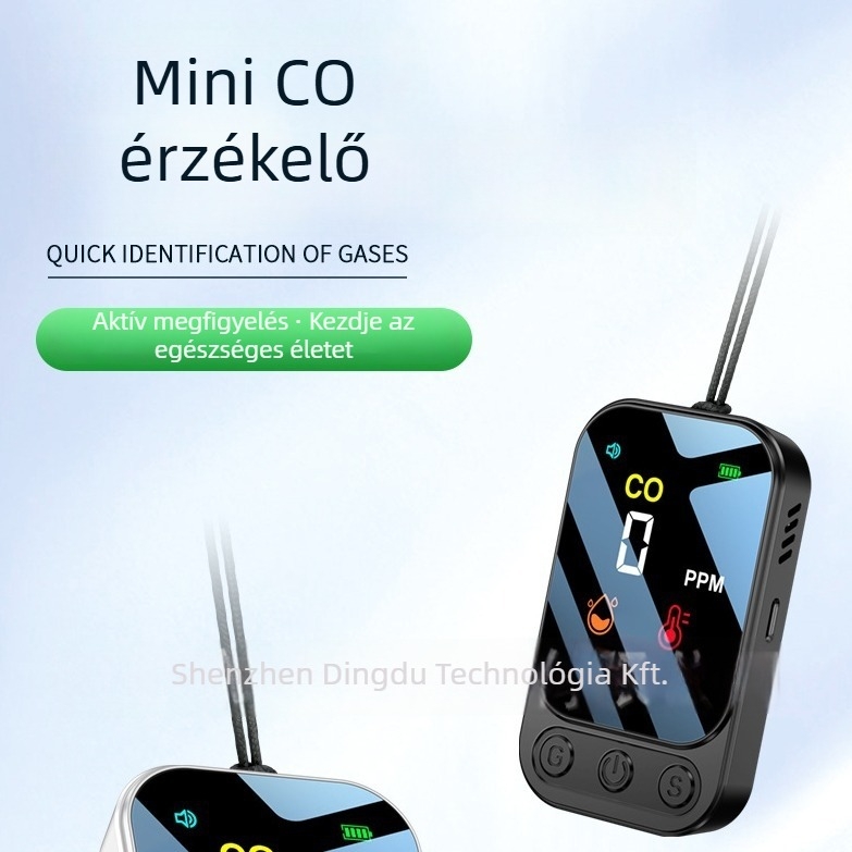 Hordozható szén-monoxid-érzékelő, 0-999 ppm tartomány, ±5 ppm pontosság, beépített lítium akkumulátor, HD09 modell.