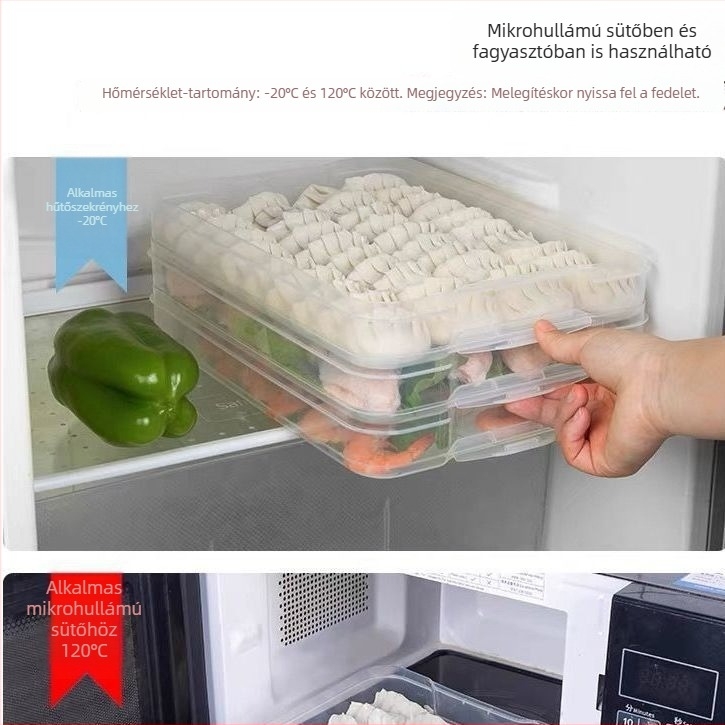 Háromrészes dumpling tároló doboz, zárható fedéllel, hűtőszekrényhez