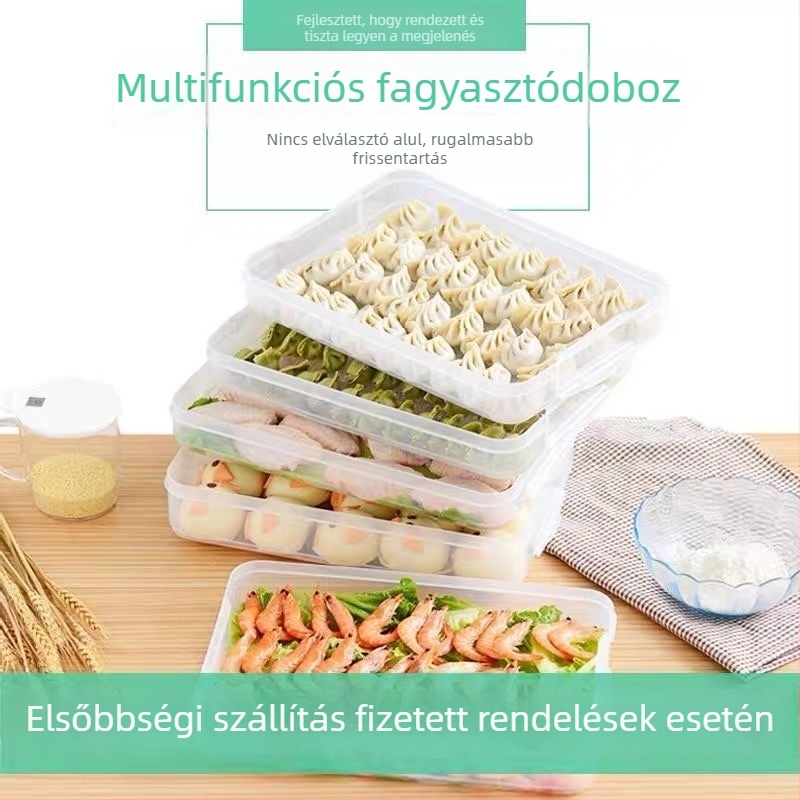 Háromrészes dumpling tároló doboz, zárható fedéllel, hűtőszekrényhez