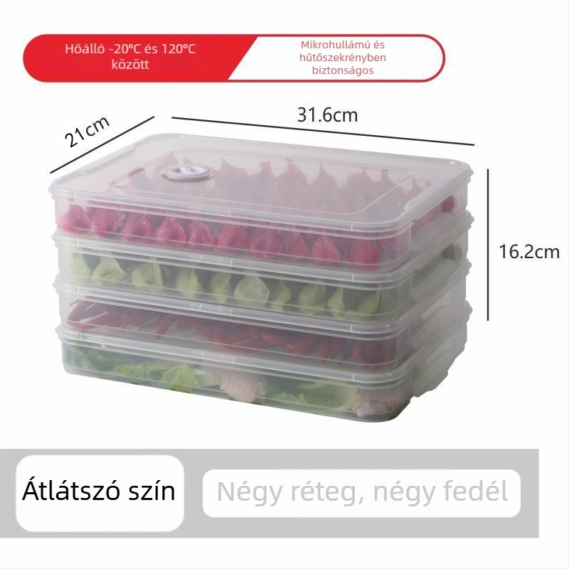 Háromrészes dumpling tároló doboz, zárható fedéllel, hűtőszekrényhez