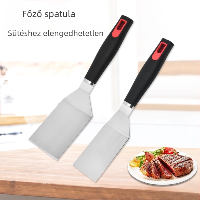 Rozsdamentes acélból készült főző spatula PP-fogantyúval; alkalmas steakhez, teppanyakihoz és pizzához