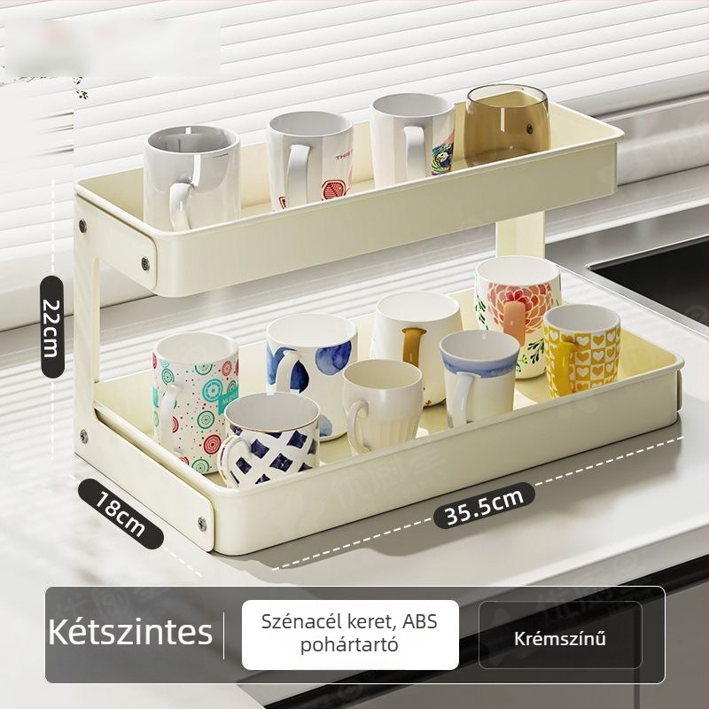Kétszintes pohártartó konyha és asztal mellé, Nordic stílusú szénacél, drenázs, kampóval szerelhető
