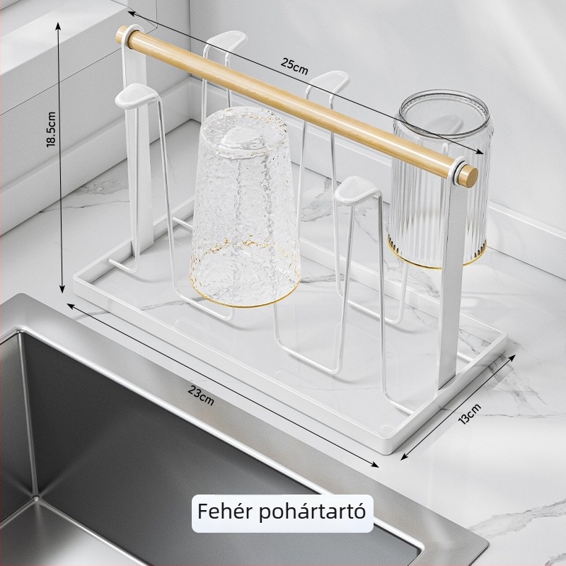 Pohártartó vasdrót konstrukcióval, lefolyótálcával és fordított pohár tárolással — modern minimál stílus, 450 g