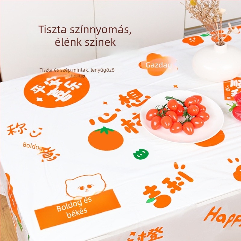 Egyszer használatos műanyag asztalterítő, téglalap alakú, rajzfilm mintával és nyomtatott logóval, 0.03 mm vastagság