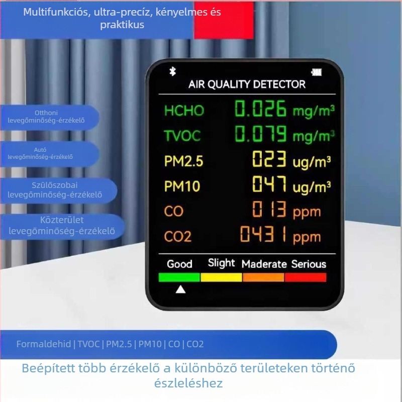 Beltéri hordozható 6‑az‑1‑ben levegőminőség‑mérő: CO2 400–5000 PPM; HCHO 0–9.999 mg/m³; TVOC; PM2.5; PM10; 1200 mAh USB‑C töltés; pontosság 1 PPM, 0.001 mg/m³, 1 µg/m³.