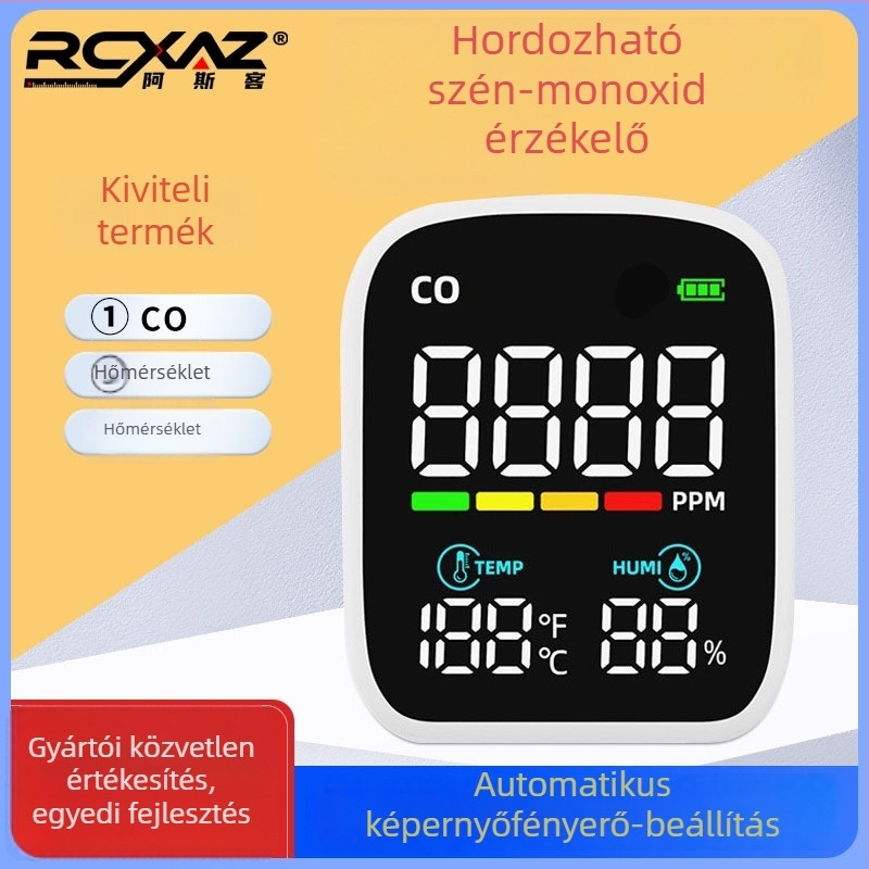 Hordozható szénmonoxid-riasztó – modell ZN-PV28-CO, 0-1000 ppm mérési tartomány, CO, hőmérséklet és páratartalom mérés, 3,7 V DC, 1% pontosság