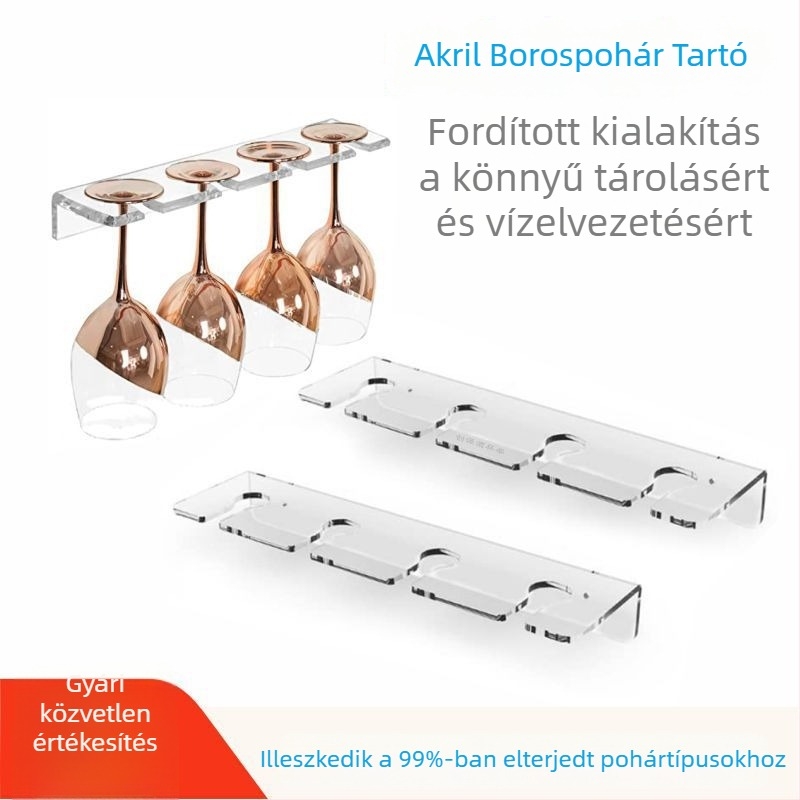 Akril borospohár-tartó, 2 darabos készlet, falra szerelhető, koktél- és pezsgőpoharakhoz