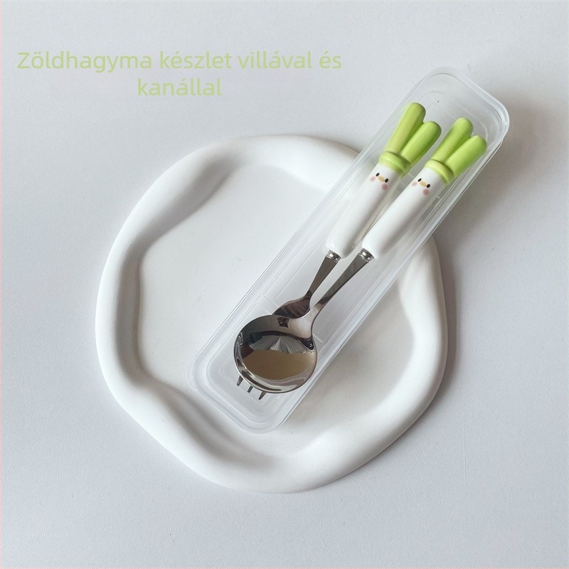 Porcelán kanál és villa készlet fa evőpálcikákkal, ins-stílusú aranyos dizájn