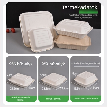 Egyszer használatos ebédes doboz, négyszögletes, cukornád rostból, 8000 ml kapacitás, 0,06 mm vastagság, biológiailag lebomló
