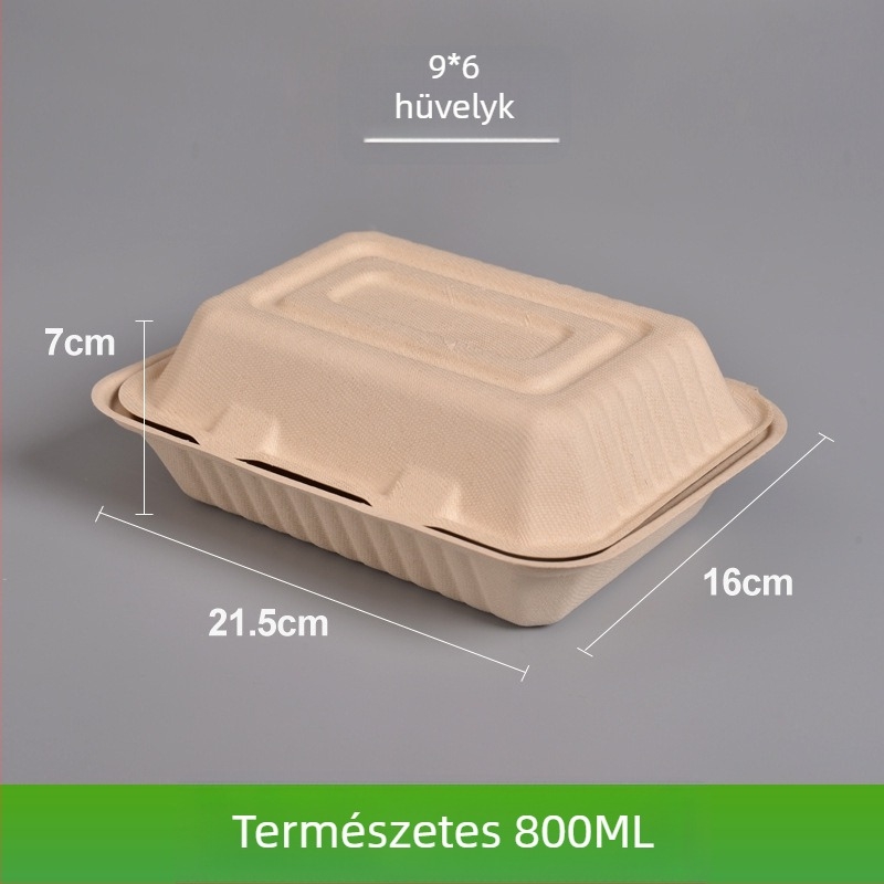Egyszer használatos ebédes doboz, négyszögletes, cukornád rostból, 8000 ml kapacitás, 0,06 mm vastagság, biológiailag lebomló