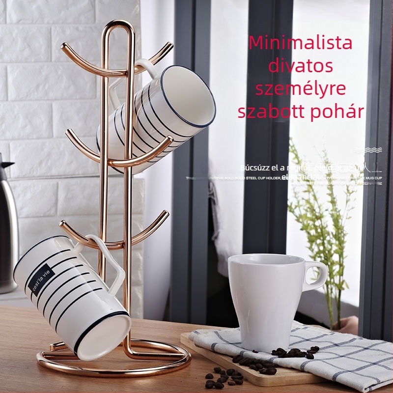 Csészetartó — vasból készült drótkeret; hat horogos kialakítás; lyukasztás nélküli felszerelés; a konyhai pult mellé; súly 0,92 kg