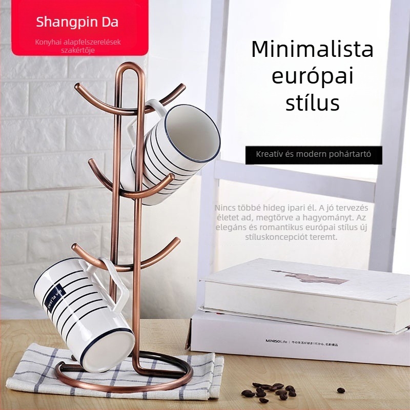 Csészetartó — vasból készült drótkeret; hat horogos kialakítás; lyukasztás nélküli felszerelés; a konyhai pult mellé; súly 0,92 kg