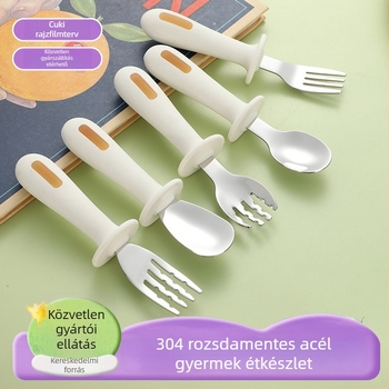 Gyermekeknek szánt kanál és villa készlet 304 rozsdamentes acélból, 6 hónapos kortól, két darabos készlet, rajzfilmszerű stílus