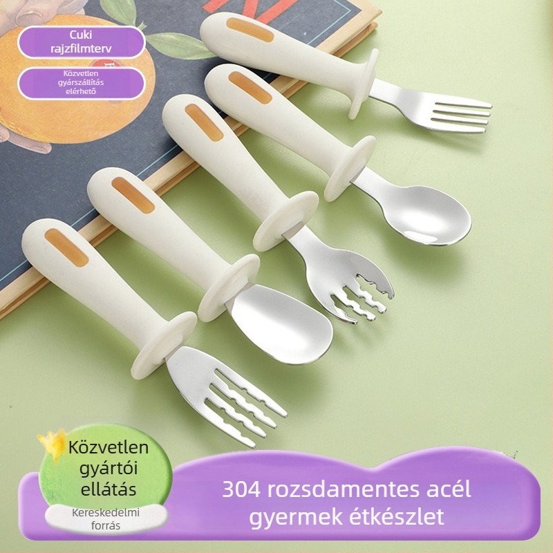 Gyermekeknek szánt kanál és villa készlet 304 rozsdamentes acélból, 6 hónapos kortól, két darabos készlet, rajzfilmszerű stílus