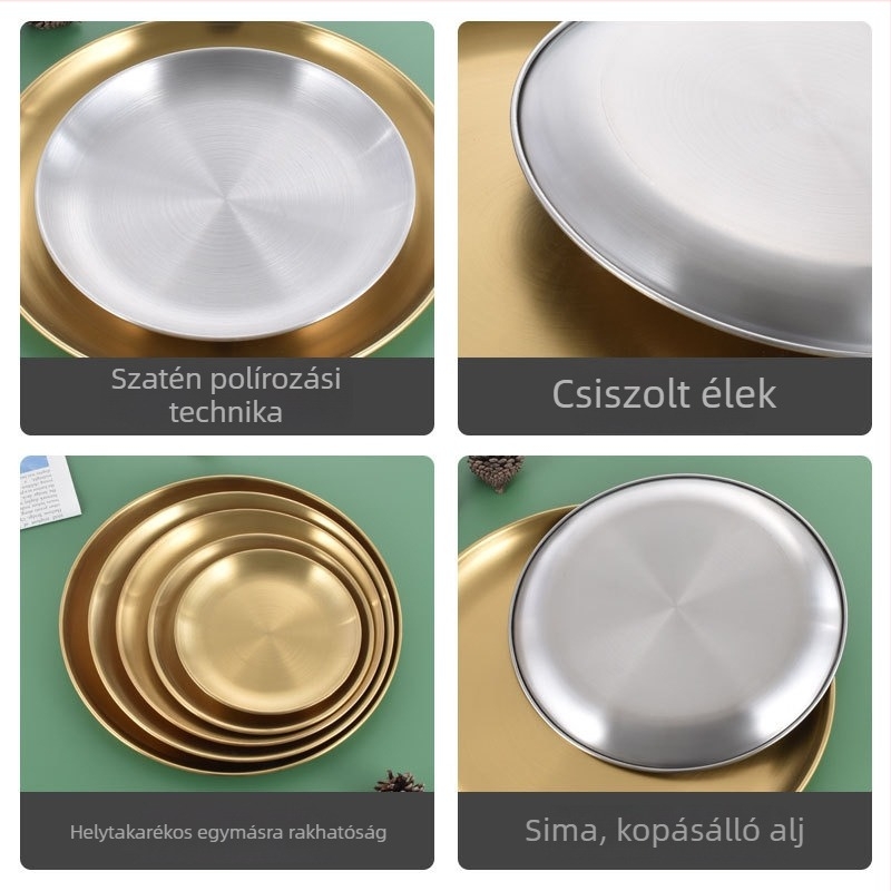 Rozsdamentes acélból készült kör alakú tál arany felülettel; sokoldalú tál nyugati ételekhez, gyümölcsökhez és nassolnivalókhoz; matt felület; átmérő 14–14.9 cm vagy 17–17.9 cm.